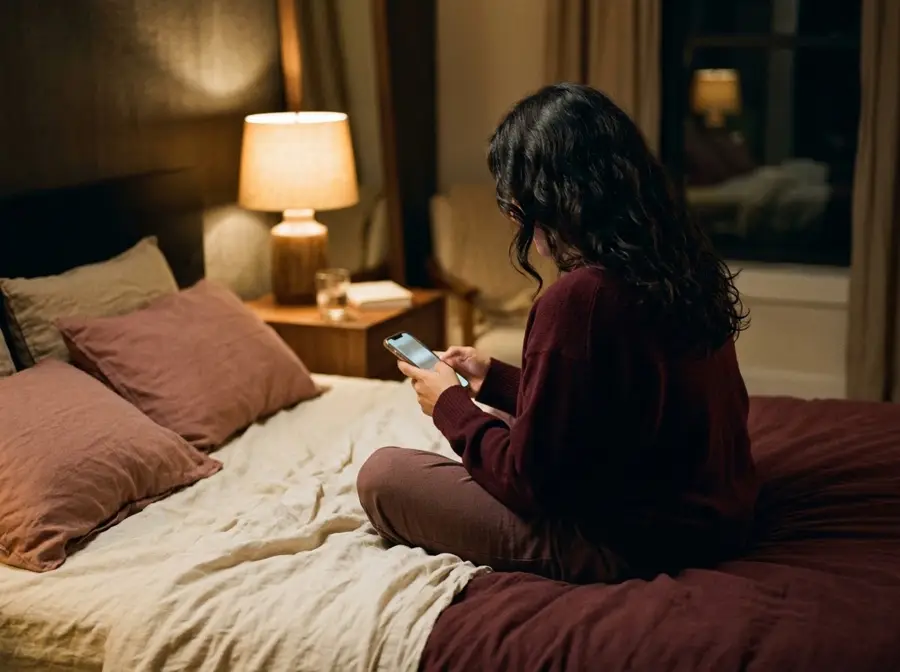 Mujer de espaldas sentada en la cama de noche, mirando el celular